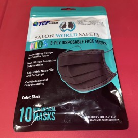 TCP Global Salon World Safety Kids Masks Sealed Pack of 10 Black 3 Ply Ages 4-12