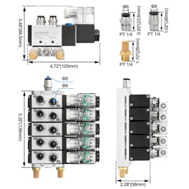 Baomain 5 Station Solenoid Valve Manifold, 12V DC 5 Way 2 Position Pneumatic Air Valve, Five Solenoid, 1/4" PT Port, Includes Manifold Base & Mufflers, 4V210-08