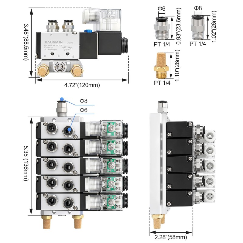 Baomain 5 Station Solenoid Valve Manifold, 12V DC 5 Way