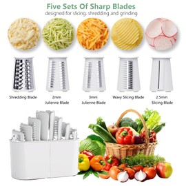 PDAENLKY Rotary Cheese Grater 5 in 1 Cheese Grater with Handle Vegetable Slicer with 5 Interchangeable Blades, Storage Box, Green Cheese Shredder with Strong Suction Base for Kitchen (Green)