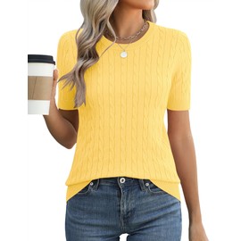 Micoson Womens Short Sleeve Sweater Cable Knit Tops Crewneck Lightweight Spring Summer Shirts Business Dressy Casual Outfits Yellow XXL