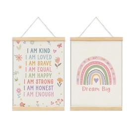 ShowDraven Inspirational Positive Affirmations Wall Decor, Boho Rainbow Pastel Floral Poster Framed with Wood Hanger for Girls Nursery Room Decor, 12x16 Inch Set of 2
