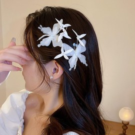 Jumwrit 2pcs Glitter White Butterfly Hair Clips Boho Crystal Floral Hair Barrette Strong Hold Cute Duckbill Hairpins Flower Fairy Hair Clips Accessories for Women Girls