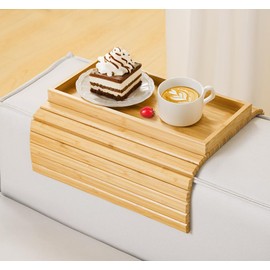 Kssiaz Bamboo Sofa Tray Table for Couch,Couch Arm Tray, Sofa Armrest Tray Table, Anti-Slip Arm Table Clip On Tray Sofa Table, Foldable Couch Cup Holder for Snacks,Phone,Control,Cups,Foldable