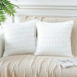 Artscope Pure White Cushion Covers Set of 2 Corduroy Decorative Square Striped Pillowcase with Stitched Edge Pillow Covers 60x60cm for Home Decor Sofa Bedroom Car