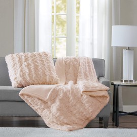 Madison Park Ruched Luxury Throw Premium Soft Cozy Brushed Long Faux Fur For Bed, Couch or Sofa, 50"x60", Blush
