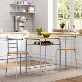 Yaheetech 3 Piece Dining Table Set, Kitchen Table & Chair Sets for 2, Compact Bistro Table Set with Steel Legs, Built-in Wine Rack for Small Space, Apartment, Breakfast Nook, Natural