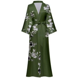 Kihnop Women's Floral Long Kimono Robe Long Satin Robe Long Silk Robe Ladies Kimonos Silky Bathrobe Cover Up, One Size, Army Green, One Size