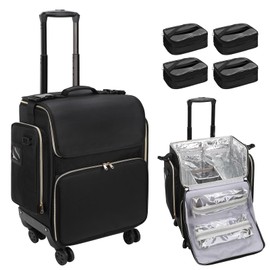 OCHEAL Hairstylist Traveling Case with 4 Clear Travel Makeup Bags Set, Cosmetic Makeup Trolley Train Case Hairdresser Case with Detachable Pouch & 360° Rotatable Wheels for HairdressingTool Organizer