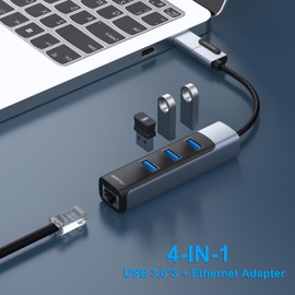 BENFEI Ethernet Adapter 3 USB 3.0 Ports, USB Type-C to Type-A to Gigabit Ethernet LAN Network Adapter for MacBook Pro 2023/2022/2021, MacBook Air and More