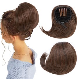 S-noilite Drawstring Hair Bun Ponytail Extensions, Short Ponytail Synthetic Comb Clip in Updo Hairpiece False Hair, 30 cm Straight Hepburn Scrunchies Bun Hairpiece, Black Mix Light Brown