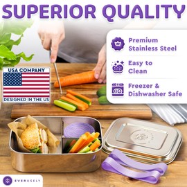 Everusely Bento Box - Stainless Steel Lunch Box with Leak-proof Spice Container - 3 Compartment Lunch Box for Office Meals - Freezer and Dishwasher Safe