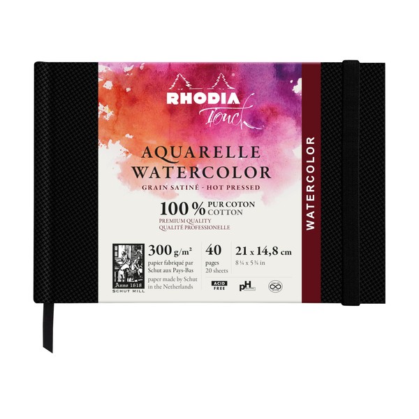 Rhodia Rhodia Touch 116155C Watercolor Book with Satin Grain 100% Cotton 300 g, 20 Sheets, A5 Landscape Format, Ideal for Watercolour and Mixed Techniques, Black, Pack of 1