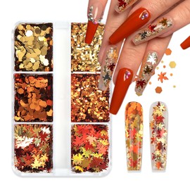 Tyuimhx 6 Grids Fall Nail Art Glitter Sequins 3D Holographic Autumn Maple Leaf Nail Flakes Thanksgiving Gold Orange Fall Maple Leaves Nail Glitter for Acrylic Nails Women DIY Manicure Supplies Crafts