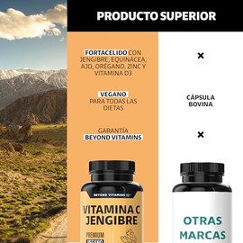 Beyond Vitamins | Vitamina C potenciada con antioxidantes y anti-inflamatorios, Jengibre, Equinácea, Ajo, Orégano, Zinc y Vitamina D3, Cápsulas vegana