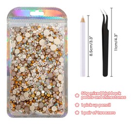 3mm-10mm 50g Mix Flat Back Pearls and Rhinestones for Crafts Mixed Size Flat Back Rhinestones for Crafts Flatback Pearls for Crafts Clothes DIY Decoration