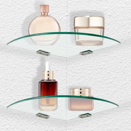 SYLXTEEM 2-Pack Glass Corner Shower Shelves with Aluminium Brackets, 9.8 X 9.8 Tempered Glass Bathroom Shelf, Wall Mounted Organizer for Shower, Kitchen