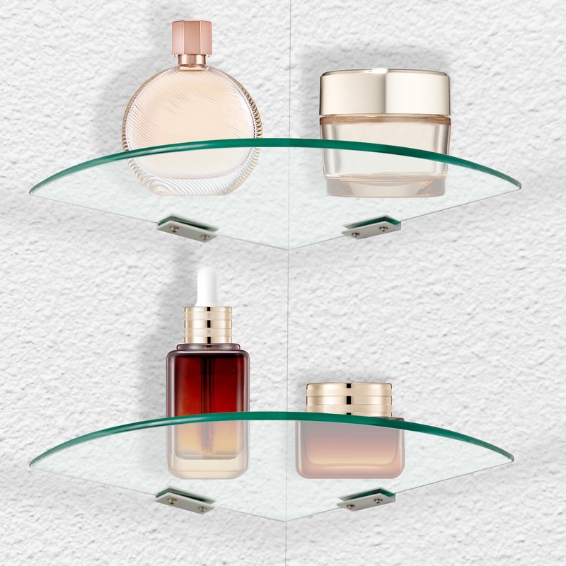SYLXTEEM 2-Pack Glass Corner Shower Shelves with Aluminium Brackets, 9.8