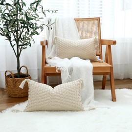 sykting Boho Outdoor Lumbar Pillow Covers 12x20 Set of 2 Thick Woven Neutral Beige Throw Pillow Covers with Tassels for Couch Sofa Living Room