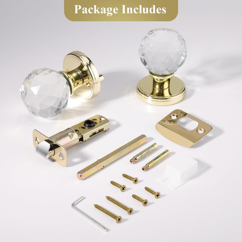 CLCTK Crystal Glass Door Knobs Interior, Passage Round Gold Door
