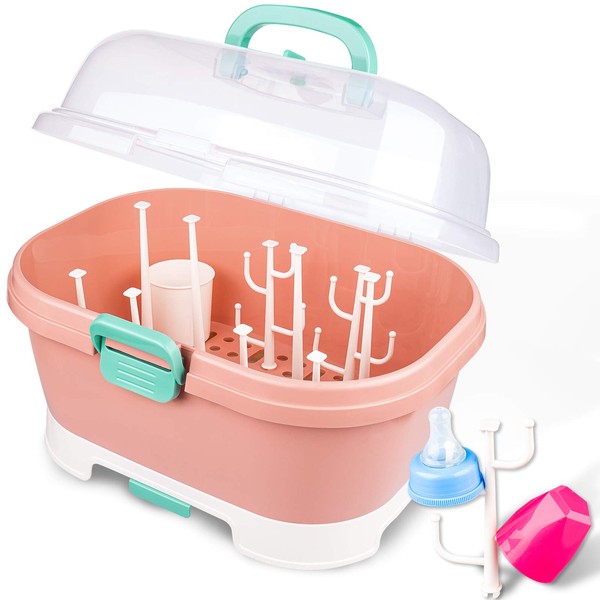 NiHome Portable Baby Bottle Drying Rack with Anti-Dust Lid, Cutlery Organizer and Drain Board - Easy-Carry Handle for Home, Kitchen, Travel and Outdoors (Pink)