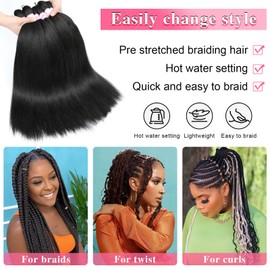Black Braiding Hair Pre Stretched 16 Inch Yaki Hair Extensions for Braids 1b Pre Stretched Braiding Hair Hot Water Setting Short Crochet Braid(1B, 6 Packs, 16 Inch)