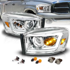 AmeriLite for RAM Truck 2006-2008 1500 | 06-09 2500 3500 LED Tube Light Bar Chrome Headlights - Passenger and Driver Side