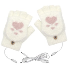 USB Heated Gloves for Women, Full & Half Finger Soft Mitten Knitted Heated Hand Gloves Cute Cat Paw Washable Warmer Fingerless Gloves for Winter Indoor or Outdoor Laptop Office Work Typing
