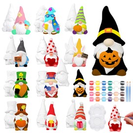 Sonwyoung 12 Pcs Seasonal Gnome Ceramics to Paint Ready to Paint Ceramics DIY Paint Your Own Gnome Statues Blank Ceramics Unpainted Gnome Figurines Kit with Brush Palette Paint for Adults Home Decor