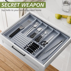 Bamboo Kitchen Silverware Drawer Organizer - Expandable Wood Utensil Holder with Dividers, Luxury Cutlery Storage Tray for Kitchen Utensil and Flatware (5-7 Slots with Removable Knife Block, Grey)