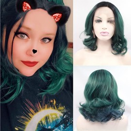 SereneWig Black Green Bob Lace Front Wig for Women Best Green Teal Ombre Dark Roots Curly Side Heat Resistant 14" Hair Cut