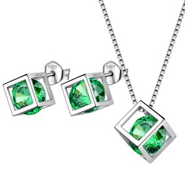 Aurora Tears Birthstone Necklace Stud Earrings Jewellery Sets Gifts Square Birthstone Pendant for Women and Girls 925 Sterling Silver, Jewellery Sets