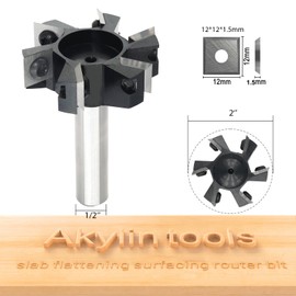 Akylintools CNC Slab Flattening Router Bit 1/2 Shank,Surfacing Bits 2" Cutting Dia.-6 Wings Milling Cutter, Carbide Insert Planer Bit for Spoilboard Flattening