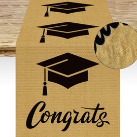 Burlap Graduation Table Runner Decoration 72×13inch Jute Congrats Grad Cap Runners Rustic Table Runner for Grad Party Indoor Outdoor Kitchen Dining Room Home