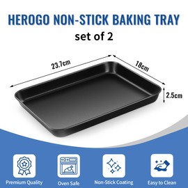 Herogo Baking Tray Set of 2, Non Stick Baking Sheet for Oven, Rectangle Small Oven Tray for Baking Cooking Roasting, Wrap Resistant & Easy to Clean, 23.7x18x2.5 cm
