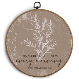KTYHD Boho Christian Wall Art, Bible Verse His Mercies Are New Every Morning Floral Round Canvas Wall Art, Lamentations 3 23 Scripture Rustic Wall Decor, Framed Farmhouse Nature Botanical Decorations