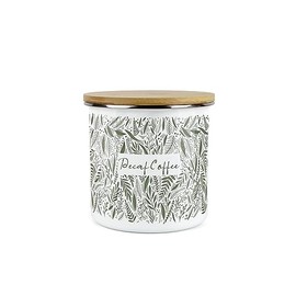 Purely Home Leaves Decaf Coffee Storage Canister - Green Leaves Palm Print White Metal Enamel Medium Sized Food Storage Container
