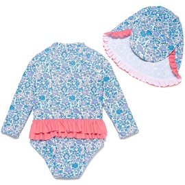 BONVERANO Baby Girl Sunsuits Zip One-Piece L/S Swimsuit UPF50+ Sun Protection with Hats(BLUEWHITEPOINT,18-24 Months)