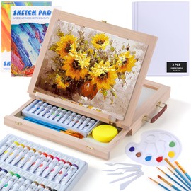 Wooden Tabletop Art Easel for Painting, 54 Pieces Starter Acrylic Paint Set with 24 Colors Acrylic Paints, Canvases, Sketch Pads, Brushes and Palette for Adults Teens Kids Beginners