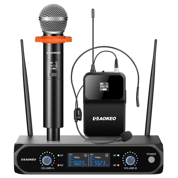 AOKEO Wireless Microphone System,Metal Wireless Mic Set with Handheld Microphone/Bodypack/Headset,2