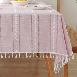 meioro Böhmische Tischdecke für Küche Dekoration, 90x90cm Makramee Tischtuch mit Quasten, Rechteckige Leinen Tischwäsche, Gestreifte Tafeldecke Mesh Tischdecken für Esstisch Tabletop (Elfenbein Weiß)