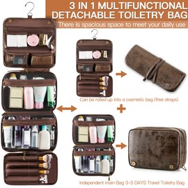Elviros Toiletry Bag Hanging Travel Organizer for Men and Women, 3 in 1 Multifunctional Large Makeup Cosmetic Case for Toiletries Accessories, Water-resistant PU Leather Bathroom Dopp Kit Shaving Bag, Coffee