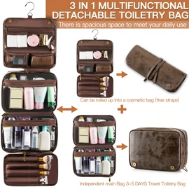 Elviros Toiletry Bag Hanging Travel Organizer for Men and Women, 3 in 1 Multifunctional Large Makeup Cosmetic Case for Toiletries Accessories, Water-resistant PU Leather Bathroom Dopp Kit Shaving Bag, Coffee