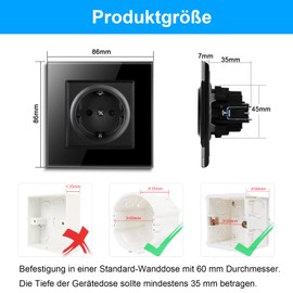 CNBINGO Schuko Socket Flush-Mounted with Claws, Single Socket Tempered Glass Pane, Black Protective Contact Wall Socket, 1-Way, 16 Amp, 250 V