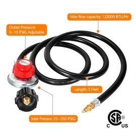 GasSaf 5FT Adjustable Propane Regulator with Hose, High Pressure Propane Regulator Hose Suitable for Burners, Turkey Fryers, Forge, etc - 1/8" Male Orifice Connector
