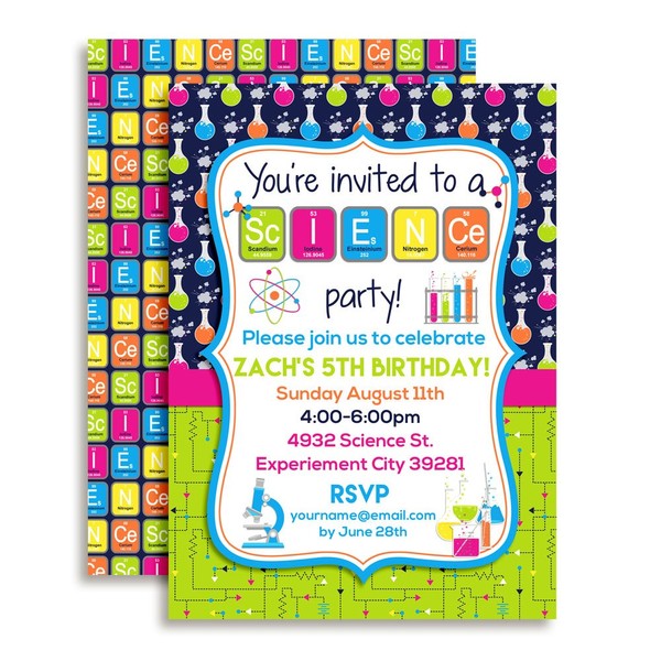 Science Themed Custom & Personalized Birthday Party Invitations, Twenty 5"x7" Cards with 20 White Envelopes by AmandaCreation