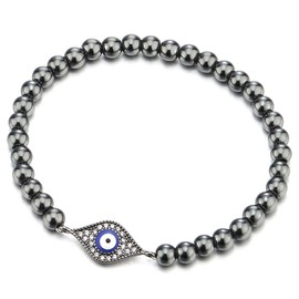 COOLSTEELANDBEYOND Black Beads Bracelet for Women Men with Cubic Zirconia Protection Evil Eye