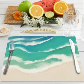Bonhause Coastal Beach Placemats Set of 4, 12x18 Inch Teal Blue Summer Ocean Wave Sand Kitchen Dinning Table Mats Washable Place Mats for Indoor Outdoor Home Party Decor