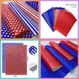 Shalun 12 pcs/Pack A4 Independence Day Faux Leather Sheets Sparkle Red Blue White Fabric Stars Stripes Pattern American Flag Patriotic Chunky Glitter PU Canvas for 4th July 8x12 inch