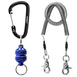 SAMSFX Fishing Strongest Magnetic Net Release Magnet Clip Holder Retractor with Coiled Lanyard (Vertical Stripe Grip, Blue)